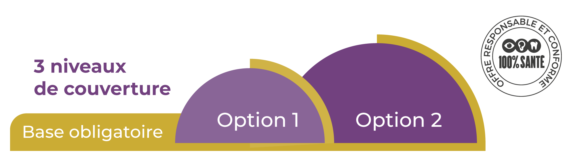 3 niveaux de couverture. Base obligatoire. Option 1. Option 2. Offre responsable et conforme 100% Santé.