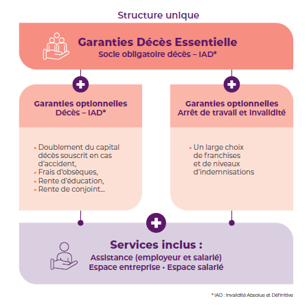 Structure unique. Garanties Décès Essentielle (socle obligatoire décès - IAD*). + ajout de garanties optionnelles : 1. Décès IAD* : Doublement du capital décès souscrit en cas d'accident, frais d'obsèques, rente d'éducation, rente de conjoint… 2. Arrêt de travail et invalidité : un large choix de franchises et de niveaux d'indemnisations. Services inclus : Assistance (employeur et salarié), Espace entreprise, Espace salarié.