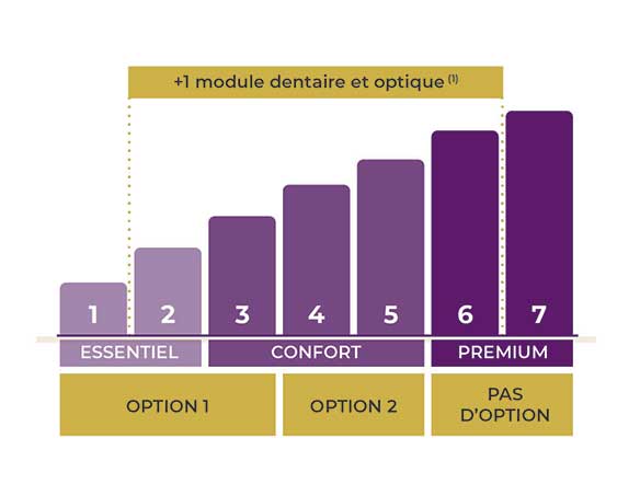 7 niveaux de couvertures : Essentiel : 1 (+ 1 module dentaire et optique*) et 2 (+option 1). Confort : 3,4,5 (+option 2). Premium : 6 et 7 (pas d'option possible).