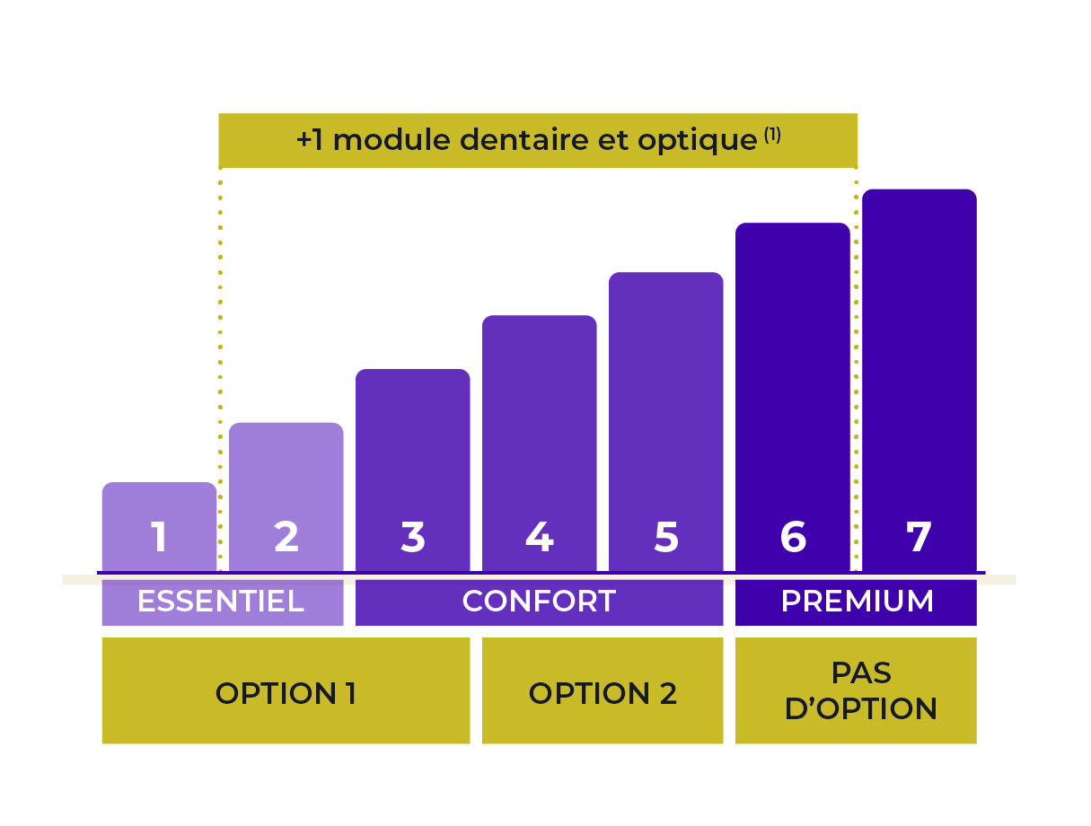 7 niveaux de couvertures : Essentiel : 1 (+ 1 module dentaire et optique(1)) et 2 (+option 1). Confort : 3,4,5 (+option 2). Premium : 6 et 7 (pas d'option possible).